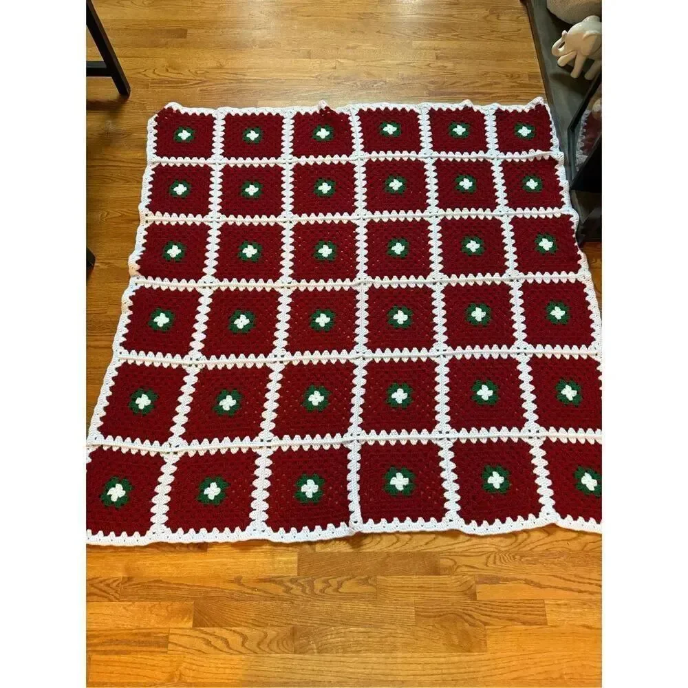 Handmade Red Green & White Christmas Colors Granny Square Crochet Throw Blanket